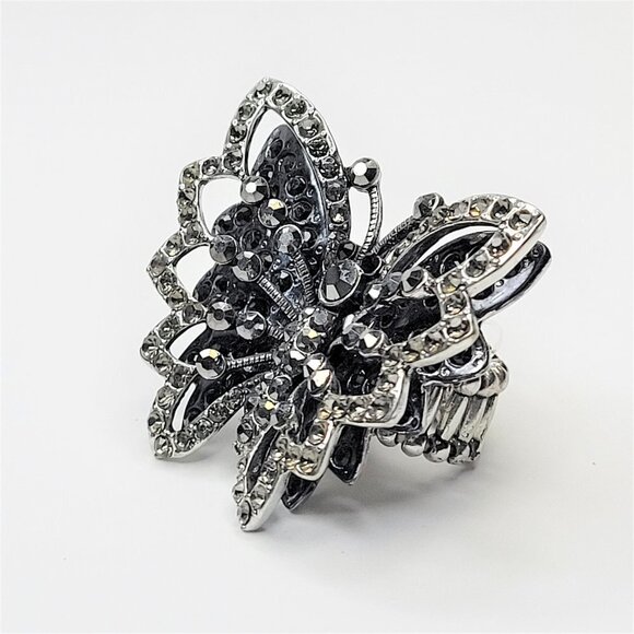 VINTAGE Black Rhinestones Large Butterfly Stretch Ring - Picture 6 of 12